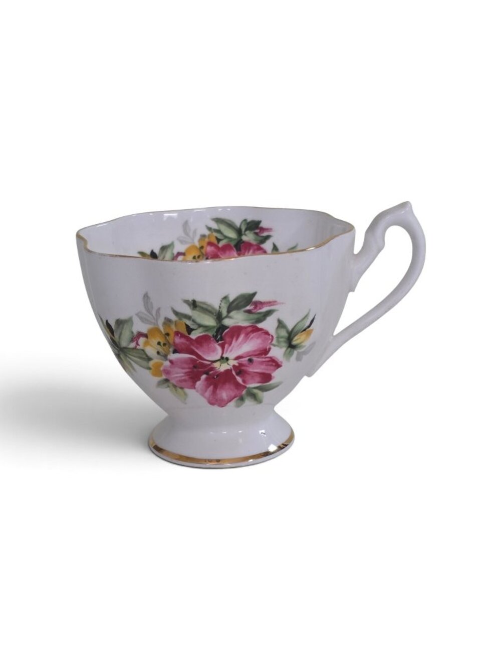 Vintage Queen Anne Fine Bone China Footed Teacup Pink Floral Gold Gilt England